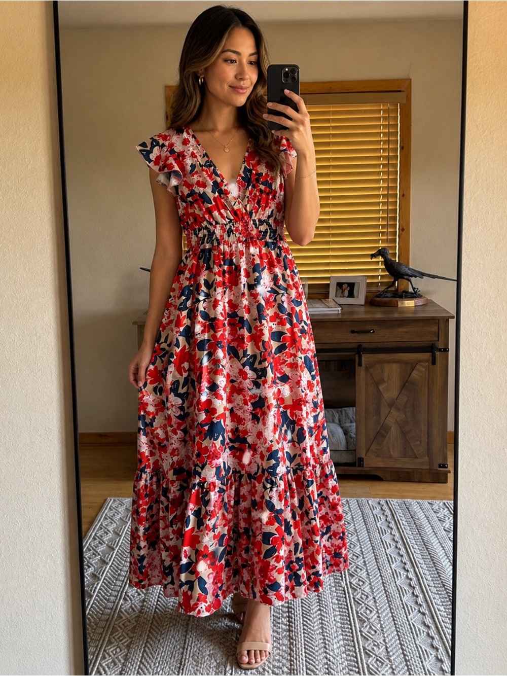 Red, White & Blue Floral Maxi Dress with Ruffle Sleeves